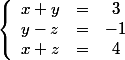 \left\{\begin{array}{ccc} x+y &=& 3 \\ y-z &=& -1\\ x+z &=& 4 \end{array}